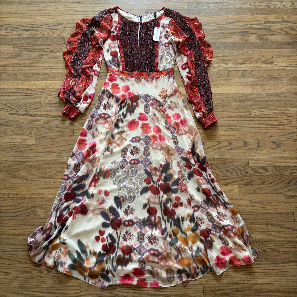 Anthropologie Akemi + Kim Floral Paisley Ruffle Sleeve Maxi Dress NWT Size 0